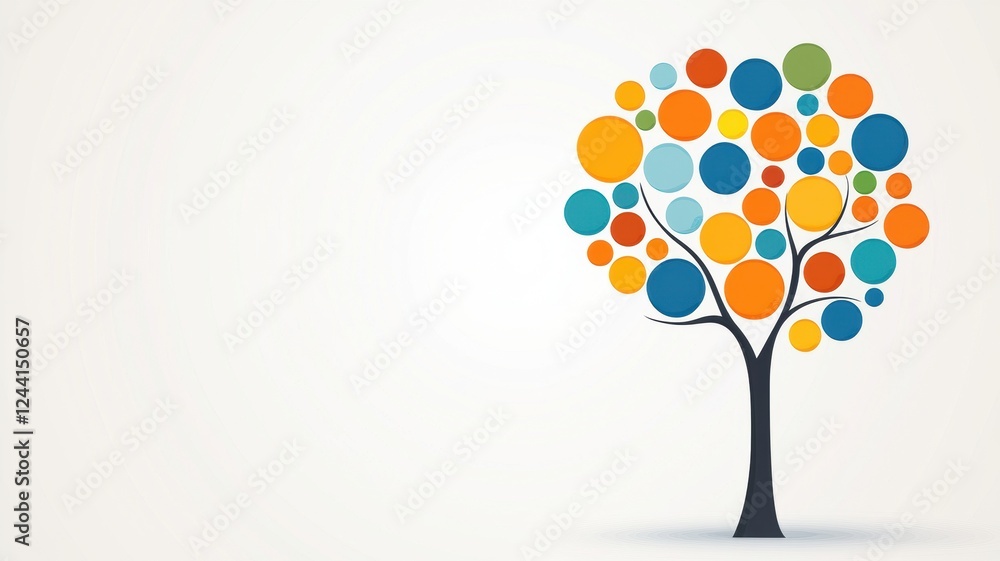 Poster abstract design of disconnected digital icons morphing into a colorful tree
