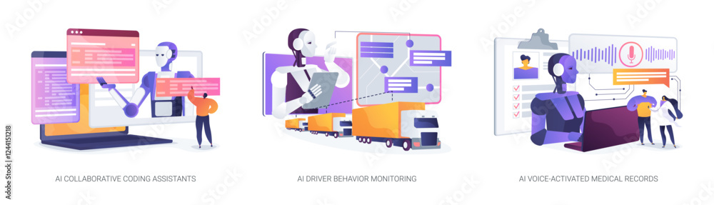 Poster ai boosting workflows and safety abstract concept vector illustrations.