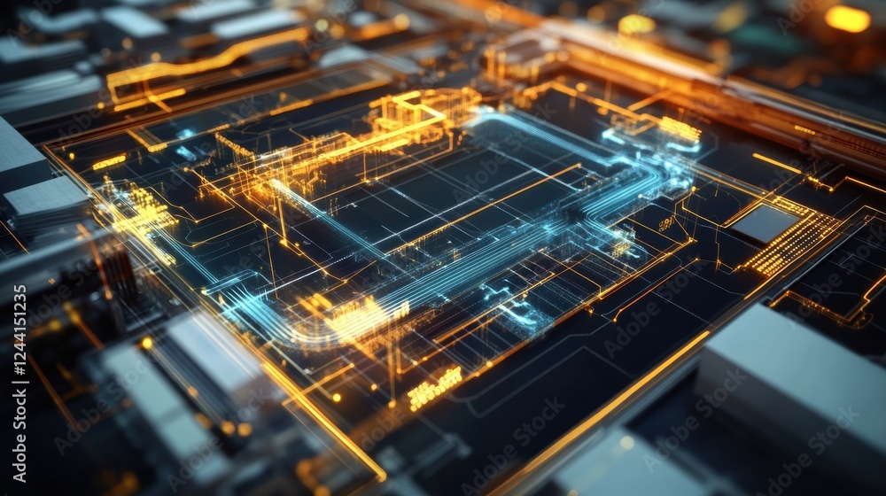 Poster complex circuitry and glowing connections illuminate a futuristic microchip, showcasing innovative e