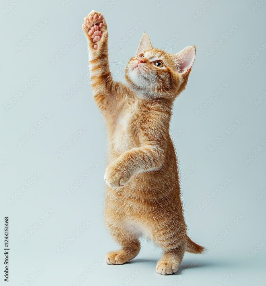 Poster playful ginger cat reaching upward in a studio setting with a soft blue background showcasing its ad