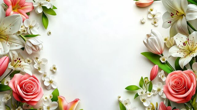 A beautifully arranged floral frame with roses and lush green leaves, perfect for wedding invitations, romantic designs, and decorative backgrounds. . High quality 4k footage