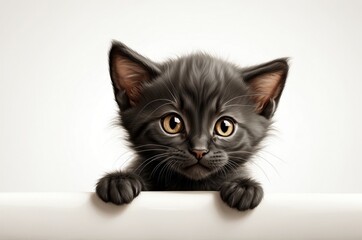 Cute adorable domestic curious cat kitten animal with its paws peeking over a white surface, photorealistic illustration on isolated background texture design.
