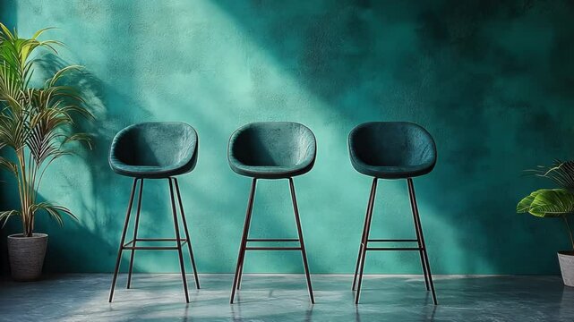 Modern bar stools against a teal wall with plants in a bright setting