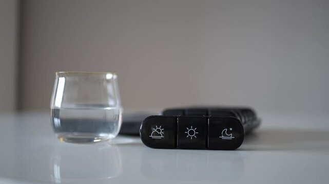 A neat and simple pill organizer with dedicated sections for each time of day, paired with a glass of water, makes it easy to stay on top of your health routine and ensures proper supplement intake.