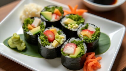 A vegan sushi plate featuring vegetable rolls with avocado, cucumber, and radish, served with low-sodium soy sauce, wasabi, and pickled ginger. A healthy, plant-based alternative to traditional sushi.