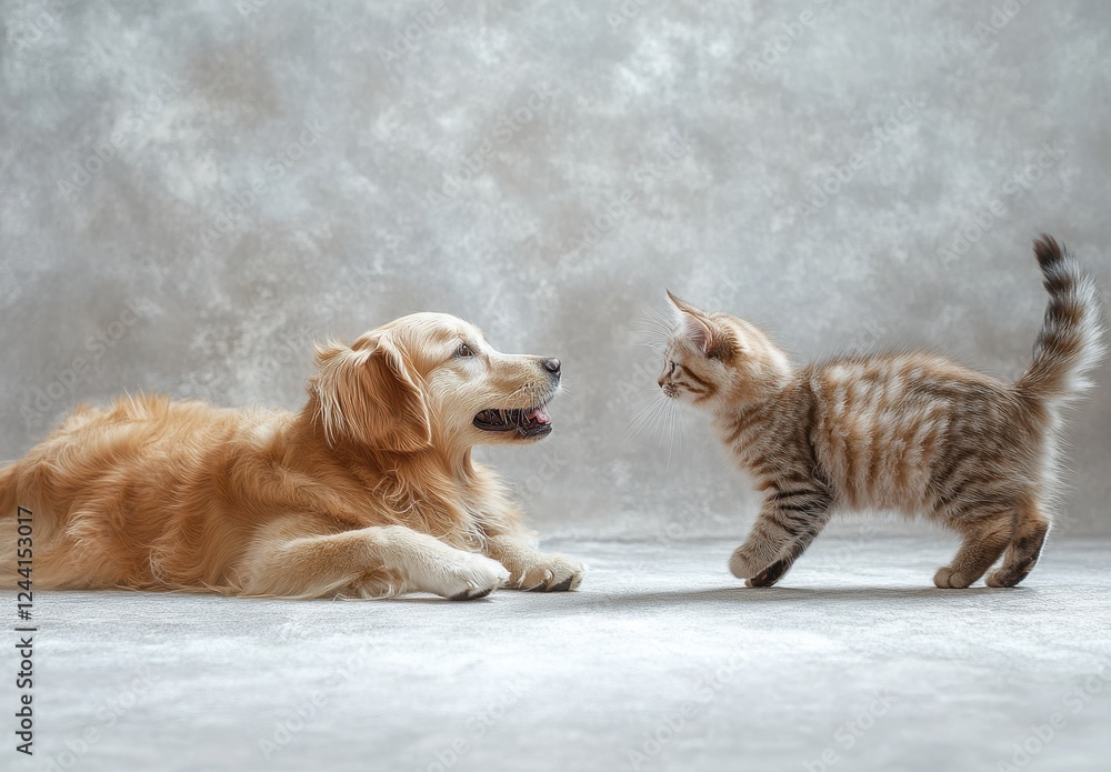 Poster playful interaction between friendly dog and curious kitten on soft neutral background in a peaceful