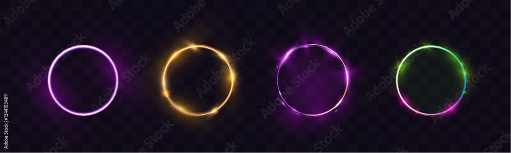 Poster set of vector light line effects in golden, purple, and green colors. luminous circular trails with 