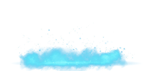 Blue stage with smoke and particle saw light on the floor. Neon light. Empty blue stage and studio room with floating smoke. For product demonstrations. Misty texture overlays background. PNG.