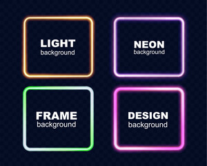 Set of glowing neon square frames in vibrant colors (orange, pink, green, and purple) on dark transparent background. Modern luminous design for digital, futuristic, and decorative purposes.	