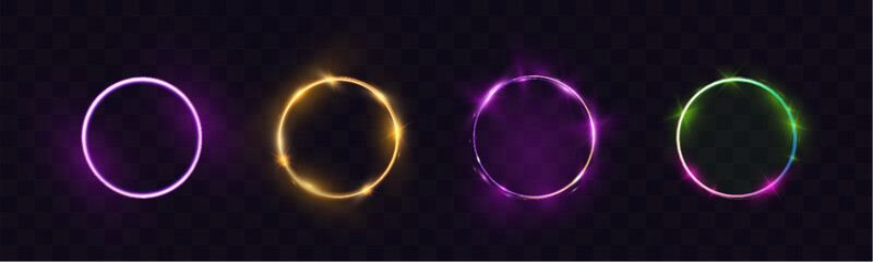 Set of vector light line effects in golden, purple, and green colors. Luminous circular trails with sparkling dust and glowing fire-like effects on a transparent background.