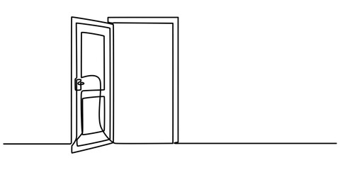 A modern line art depiction of an open door in one continuous line, Open door continuous one line drawing. Vector illustration, Door, Construction, House line icon, minimal concept style.