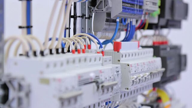 An electrical panel for the organization of electricity supply to the apartment. Close-up. Soft focus.