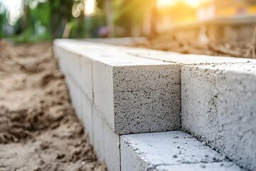 Construction Site Detail Grey Concrete Blocks Forming a Retaining Wall