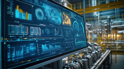 Naklejka premium Large computer screen displaying various charts, graphs, and data visualizations, offering real time insights into operations within a modern industrial plant