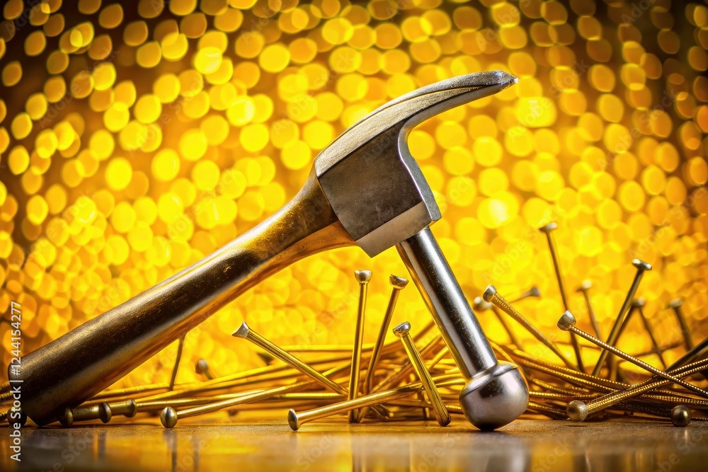 Poster yellow backdrop explodes with surrealism as hammer and nails intertwine in a double exposure masterp