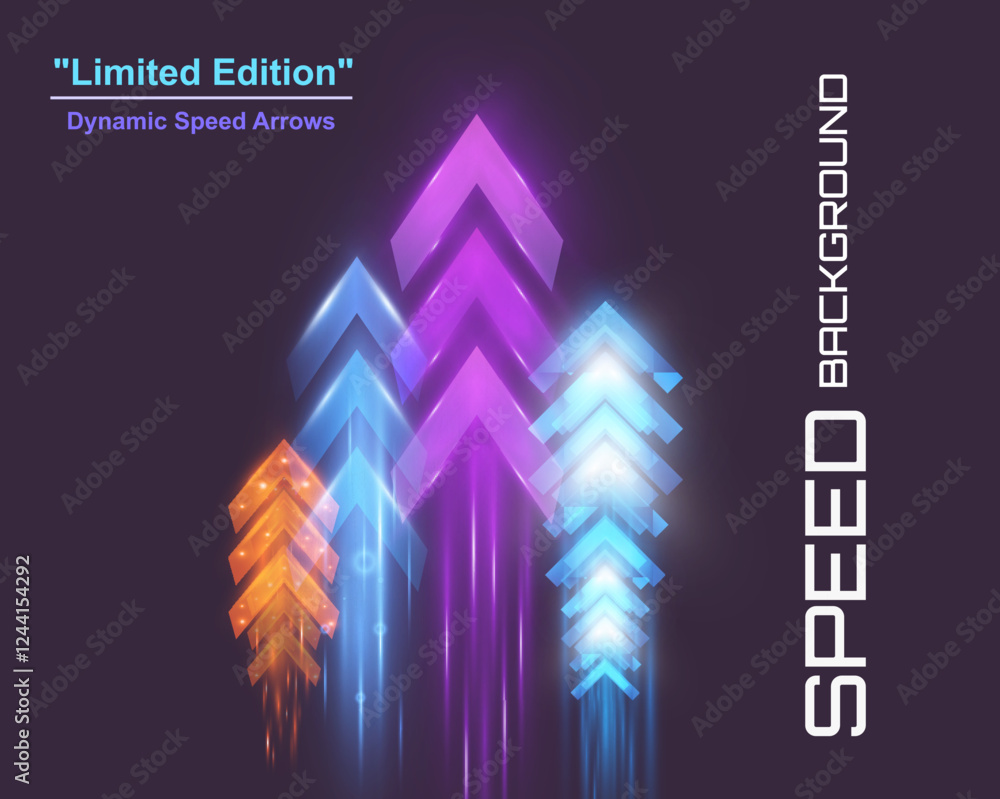 Poster arrow light speed motion background with futuristic glowing arrows and light streaks.