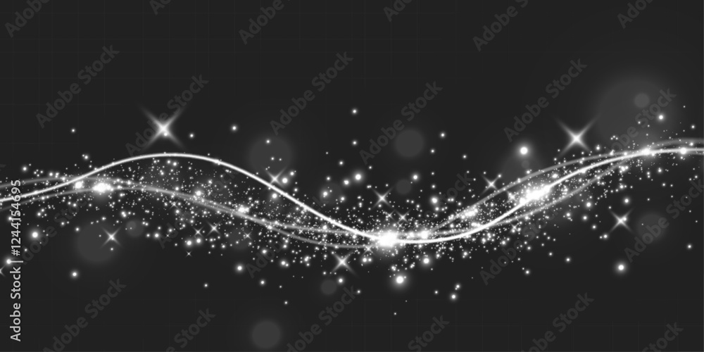 Poster  Shiny white glowing wave with sparkling particles on dark background, elegant abstract light effect for digital design.