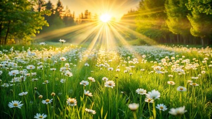Fototapeta premium Serene Meadow at Sunrise with Beautiful White Flowers and Sunlight