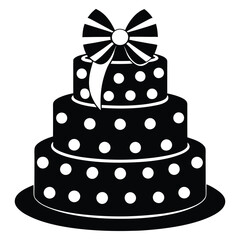 Black and White Birthday Cake Vector with Candle and Bow. Cake icon and symbol of the holiday, birthday,festive, Cake vector illustration isolated on white background