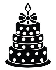 Black and White Birthday Cake Vector with Candle and Bow. Cake icon and symbol of the holiday, birthday,festive, Cake vector illustration isolated on white background