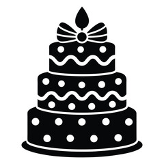 Black and White Birthday Cake Vector with Candle and Bow. Cake icon and symbol of the holiday, birthday,festive, Cake vector illustration isolated on white background
