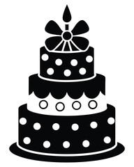 Black and White Birthday Cake Vector with Candle and Bow. Cake icon and symbol of the holiday, birthday,festive, Cake vector illustration isolated on white background