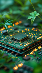 ESG green technology concept: sustainable technology, microchip on circuit board, glowing connections, covered in green grass and green leaves, eco hardware, green planet, world earth day 