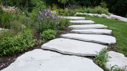 Obraz premium Stone path garden landscaping, flowers, green lawn