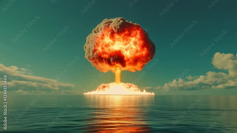 Poster mushroom cloud rising from a nuclear explosion in the ocean, surrounded by a turbulent sky, creating