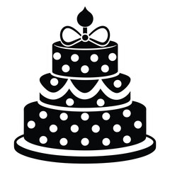 Black and White Birthday Cake Vector with Candle and Bow. Cake icon and symbol of the holiday, birthday,festive, Cake vector illustration isolated on white background
