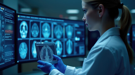 A medical professional focuses intently on a digital tablet displaying patient scans. Multiple monitors showcase various imaging results, highlighting a detailed workspace in a healthcare facility