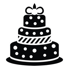 Black and White Birthday Cake Vector with Candle and Bow. Cake icon and symbol of the holiday, birthday,festive, Cake vector illustration isolated on white background
