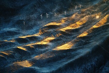 Germany, Baden-Wurttemberg, Aerial view of wind farm at sunrise .