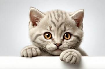 Cute adorable domestic curious cat kitten animal with its paws peeking over a white surface, photorealistic illustration on isolated background texture design.
