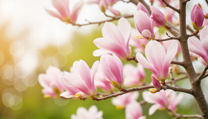 Fototapeta premium Magnolia blossoms blooming in soft light, symbol of femininity