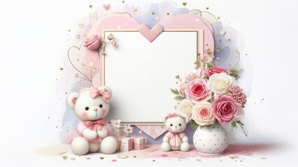 romantic lovers vector illustration of teddy bears fall in love ,hug with pink red heart balloons, presents gift box on soft background with copy space	