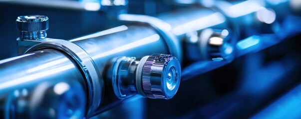 Fototapeta premium Industrial Close-up Polished Pipes & Valves, Factory Background