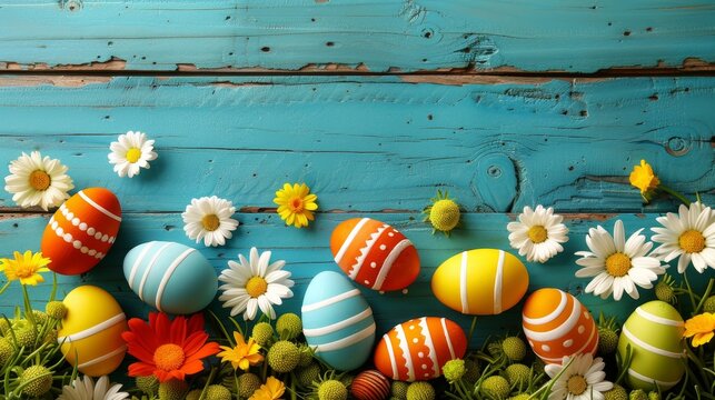 Vibrant easter background featuring colorful eggs nestled among blooming flowers