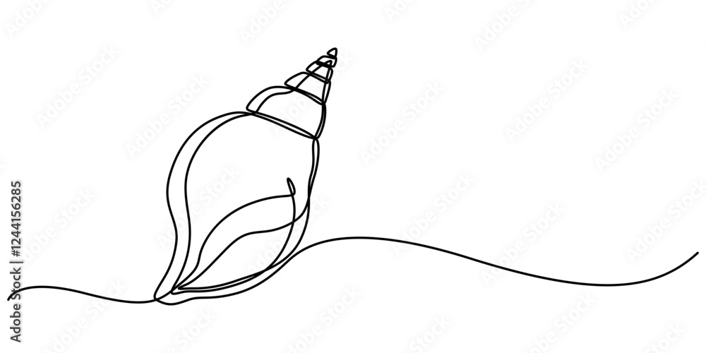 Poster Continuous single line drawing of conch snail shell. Seashell symbol and banner of beauty spa and wellness salon in simple linear style. Vector illustration, Seashell drawing in the form of one pro. 