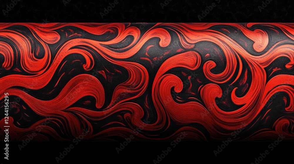 Poster a fiery red and black swirling pattern with curved waves, creating a sense of energy and motion.