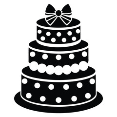 Black and White Birthday Cake Vector with Candle and Bow. Cake icon and symbol of the holiday, birthday,festive, Cake vector illustration isolated on white background