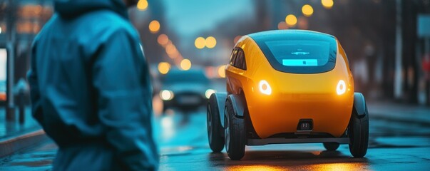 Naklejka premium Yellow autonomous car driving city street, person waiting, blurred background