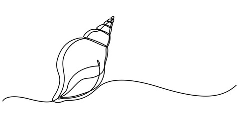 Obraz premium Continuous single line drawing of conch snail shell. Seashell symbol and banner of beauty spa and wellness salon in simple linear style. Vector illustration, Seashell drawing in the form of one pro. 