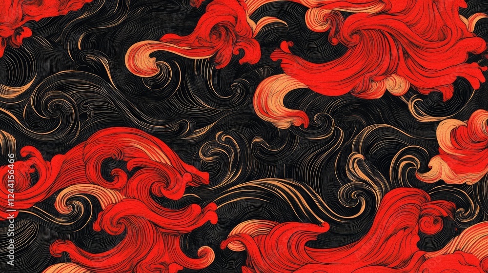 Poster a fiery red and black swirling pattern with curved waves, creating a sense of energy and motion.