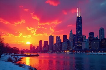 Fototapeta premium Fiery winter sunset paints Chicago's skyscrapers orange and purple, winter, Lake Michigan