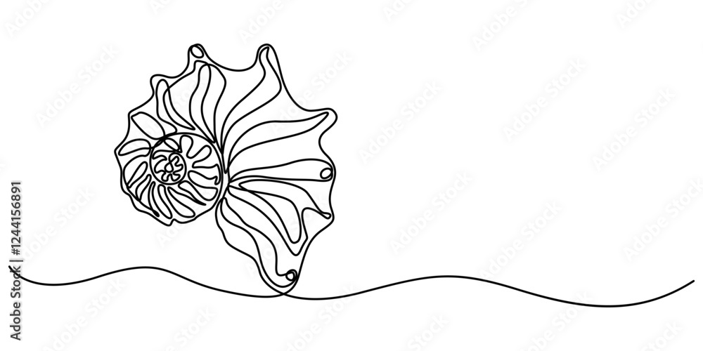 Poster Continuous single line drawing of conch snail shell. Seashell symbol and banner of beauty spa and wellness salon in simple linear style. Vector illustration, Seashell drawing in the form of one pro. 