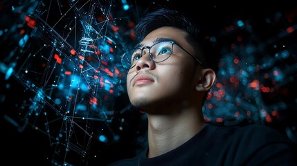 Young man contemplating digital network, future tech, dark background, stock photo