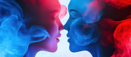 Faces merging in colorful smoke, studio backdrop, romantic concept