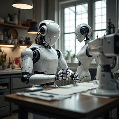 Two humanoid robots work together at a wooden table in a bright workshop, focused on a crafting project with tools and materials spread out