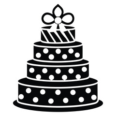 Black and White Birthday Cake Vector with Candle and Bow. Cake icon and symbol of the holiday, birthday,festive, Cake vector illustration isolated on white background